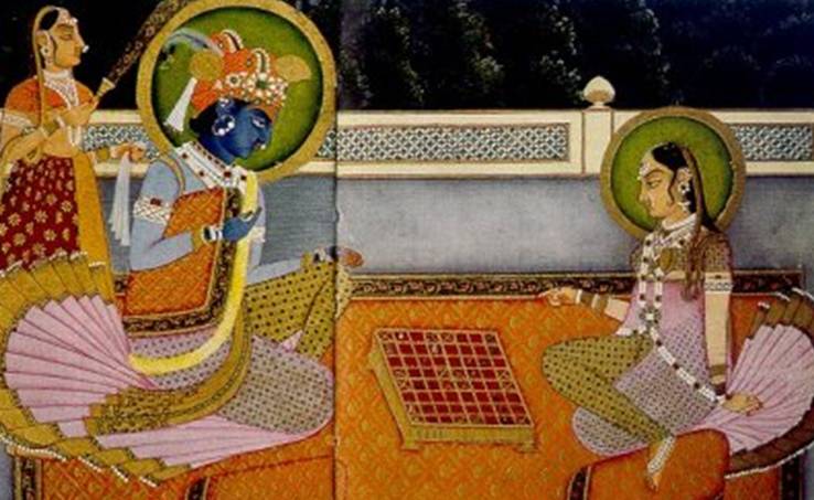 India: Kṛṣṇa jugando al ajedrez (al chaturanga) sobre el ashtāpada,